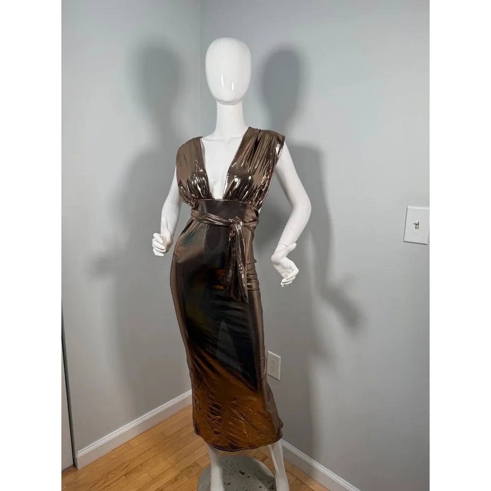 Micas Metallic Gold Open Back Midi Dress‎ size M